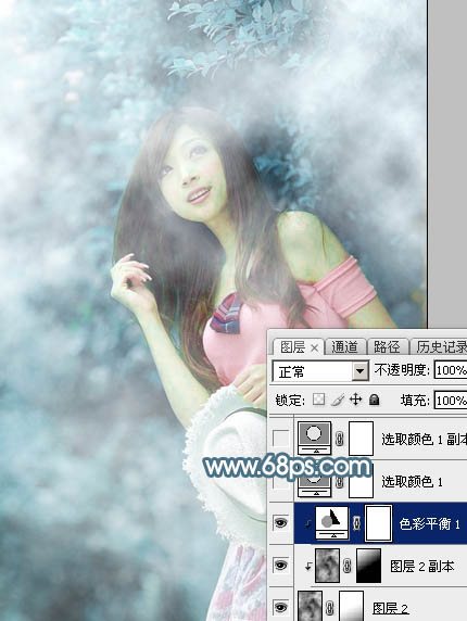 Photoshop打造唯美的淡蓝色树林美女图片5