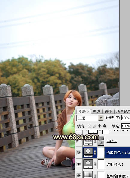 Photoshop给公园木桥上的人物加上唯美橙色霞光9