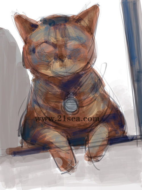 painter绘制正在玩ipad游戏的猫咪3