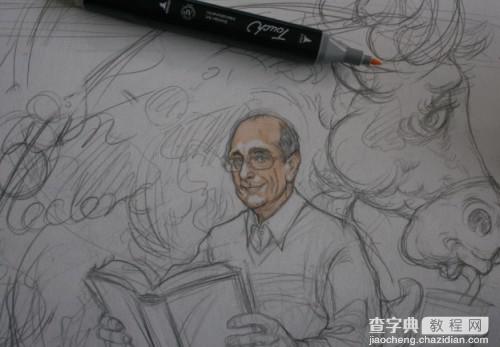 手绘插画：手绘一位老者坐在龙身上看书的过程7