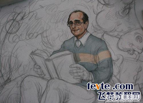 手绘插画：手绘一位老者坐在龙身上看书的过程13