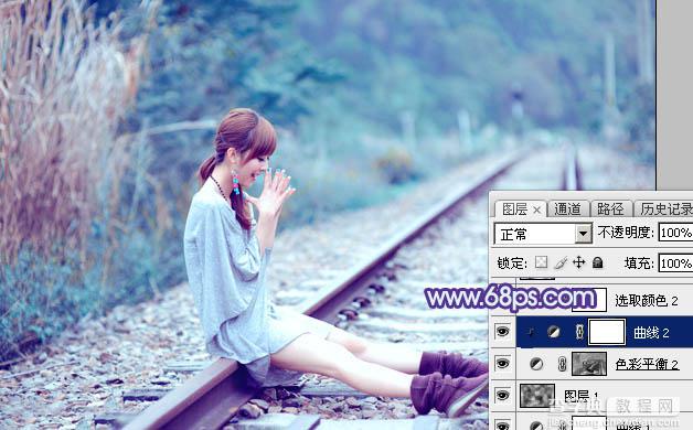 Photoshop将铁轨美女图片打造唯美的小清新青蓝色特效28