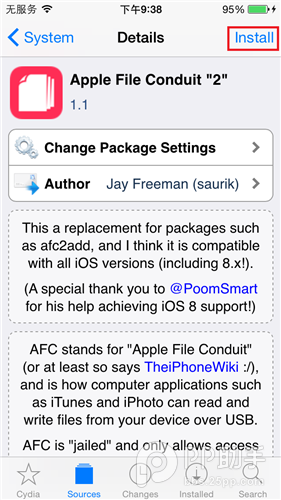如何在iOS8.0-8.1越狱设备上安装afc2插件5
