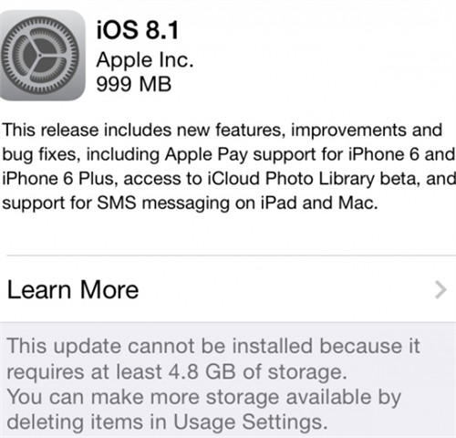 苹果iOS8.1升级内存不够怎么办？3