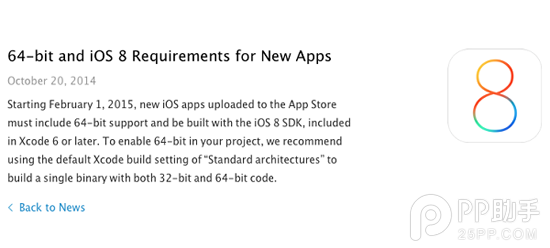 苹果要求iOS应用需支持iOS8 SDK和64位1