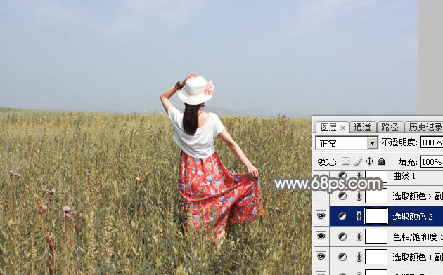Photoshop给草原上的人物加上清爽的韩系蓝黄色16