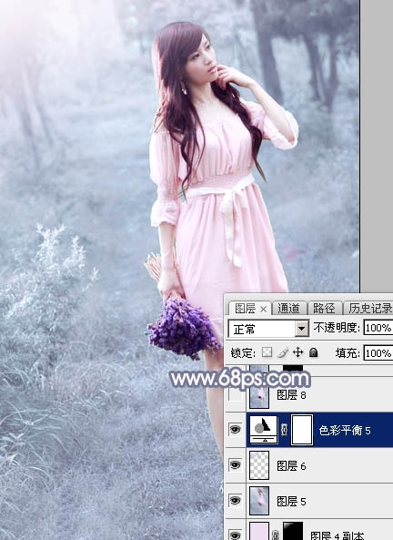 Photoshop打造梦幻的淡蓝色树林美女图片33