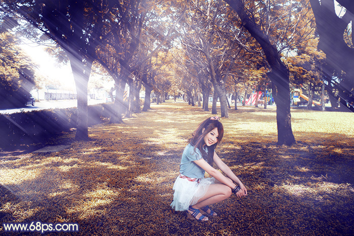 Photoshop给树荫下的美女加上秋季阳光效果2