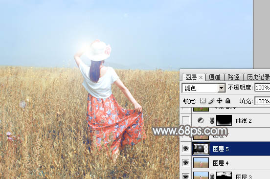 Photoshop给草原上的人物加上清爽的韩系蓝黄色35