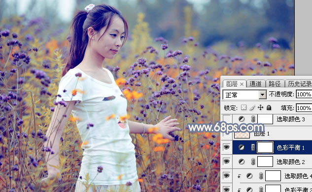 Photoshop给花丛中的美女加上秋季黄紫色23