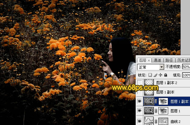 Photoshop给野花中的美女加上高对比的暖色调13