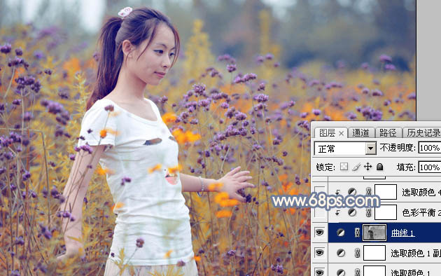 Photoshop给花丛中的美女加上秋季黄紫色9