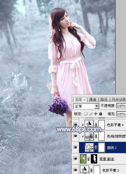 Photoshop打造梦幻的淡蓝色树林美女图片27