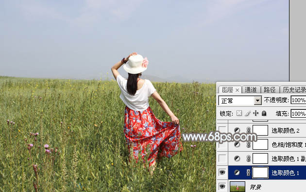 Photoshop给草原上的人物加上清爽的韩系蓝黄色5