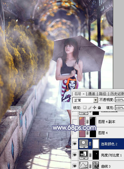 Photoshop给打伞的外景美女加上浓厚的秋季色30