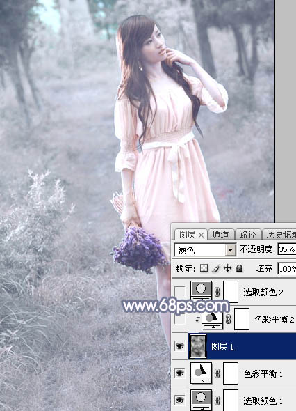 Photoshop打造梦幻的淡蓝色树林美女图片16