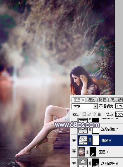 Photoshop打造唯美的中性蓝红色水景美女图片40