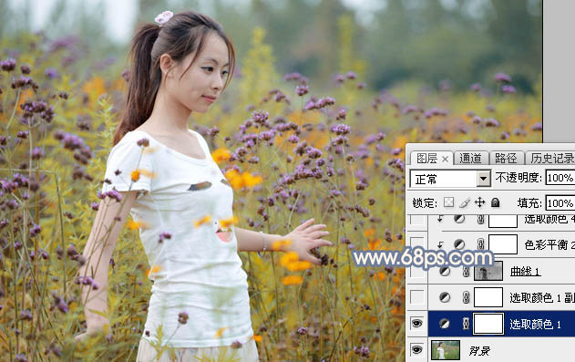 Photoshop给花丛中的美女加上秋季黄紫色6