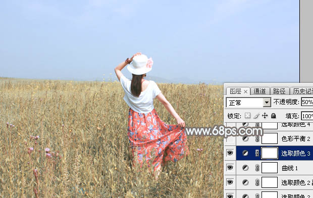 Photoshop给草原上的人物加上清爽的韩系蓝黄色25