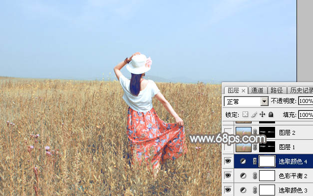 Photoshop给草原上的人物加上清爽的韩系蓝黄色32