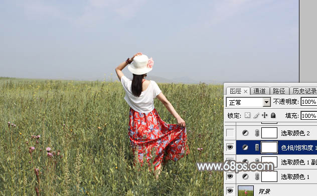 Photoshop给草原上的人物加上清爽的韩系蓝黄色10