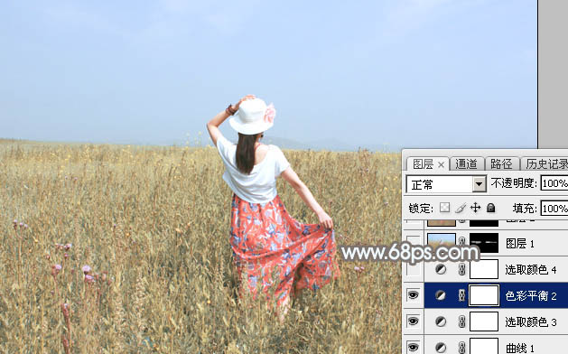 Photoshop给草原上的人物加上清爽的韩系蓝黄色27