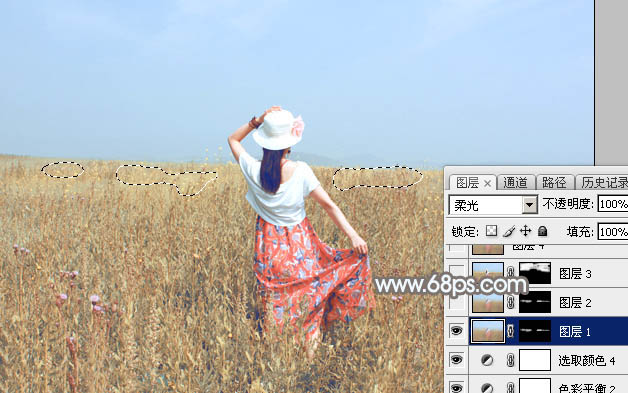 Photoshop给草原上的人物加上清爽的韩系蓝黄色33