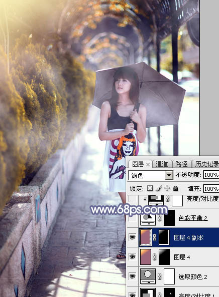 Photoshop给打伞的外景美女加上浓厚的秋季色32