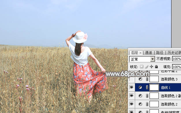 Photoshop给草原上的人物加上清爽的韩系蓝黄色22