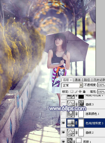 Photoshop给打伞的外景美女加上浓厚的秋季色20