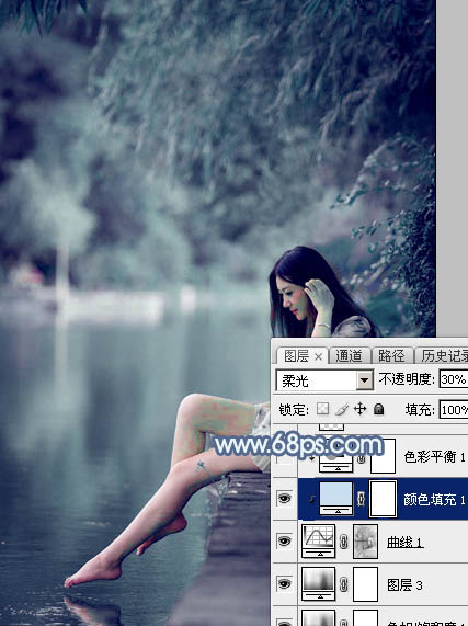 Photoshop给塘边的美女加上唯美的秋季青蓝色9