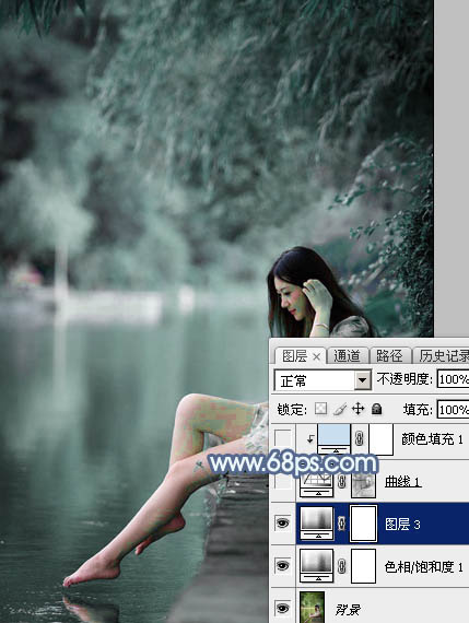 Photoshop给塘边的美女加上唯美的秋季青蓝色6