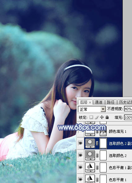 Photoshop打造甜美梦幻的青蓝色草地美女图片21