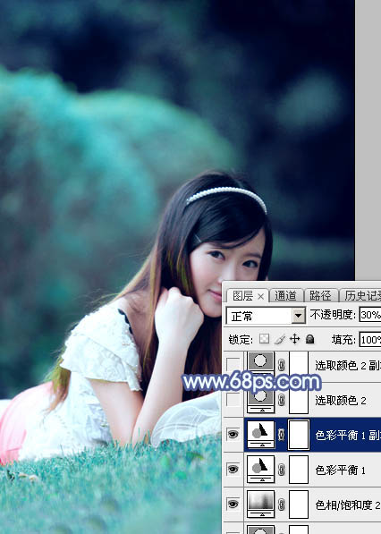 Photoshop打造甜美梦幻的青蓝色草地美女图片17