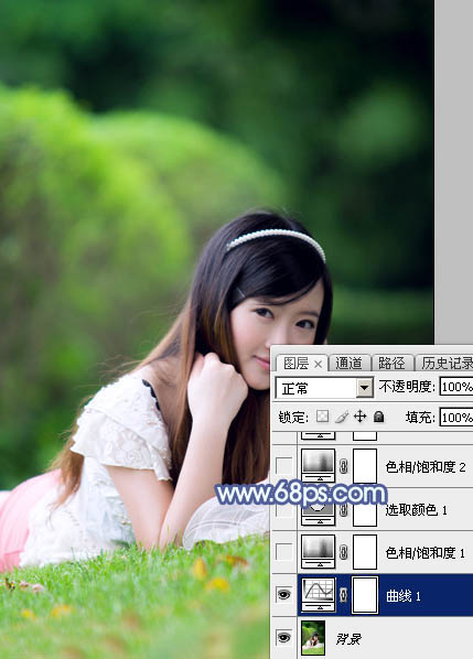 Photoshop打造甜美梦幻的青蓝色草地美女图片3