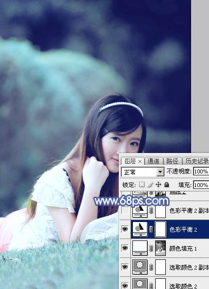 Photoshop打造甜美梦幻的青蓝色草地美女图片23