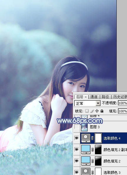 Photoshop打造甜美梦幻的青蓝色草地美女图片31