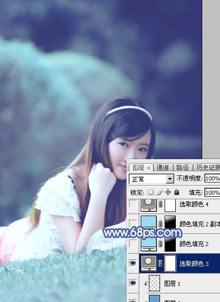 Photoshop打造甜美梦幻的青蓝色草地美女图片27