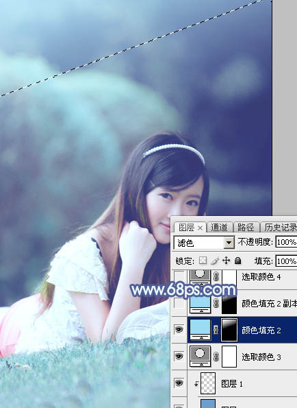 Photoshop打造甜美梦幻的青蓝色草地美女图片28