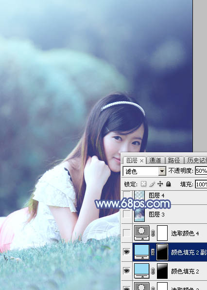 Photoshop打造甜美梦幻的青蓝色草地美女图片29
