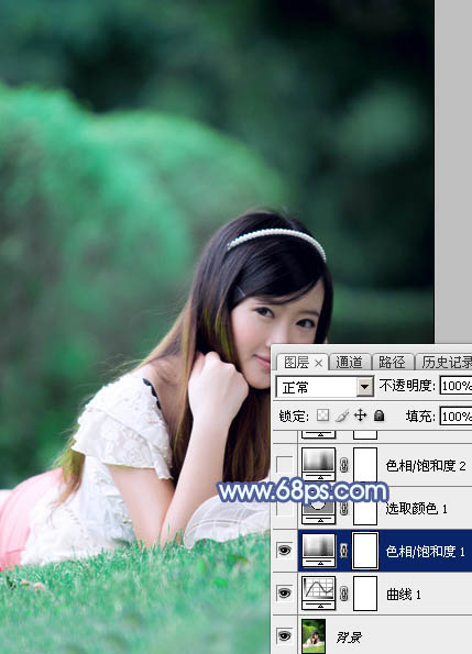 Photoshop打造甜美梦幻的青蓝色草地美女图片8