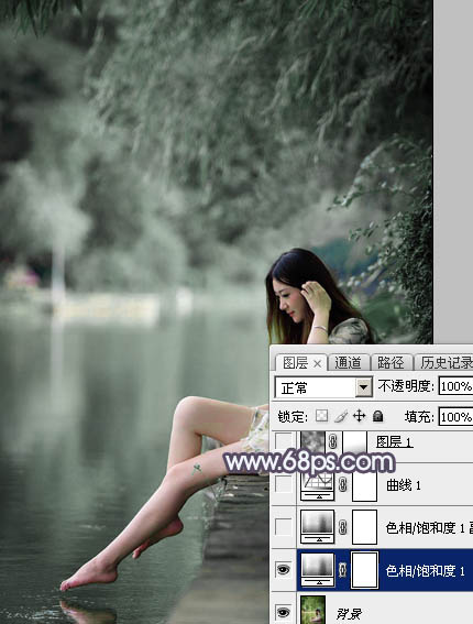 Photoshop打造个性的中性暗蓝色湖景美女图片3