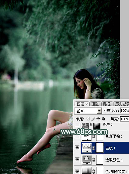 Photoshop给湖边的美女加上童话中的梦幻青色调9