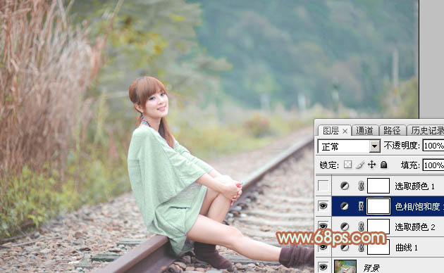 Photoshop打造甜美的淡调青绿色铁轨美女图片7