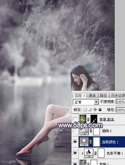 Photoshop打造个性的中性暗蓝色湖景美女图片13