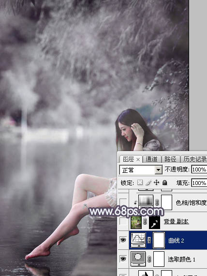 Photoshop打造个性的中性暗蓝色湖景美女图片16