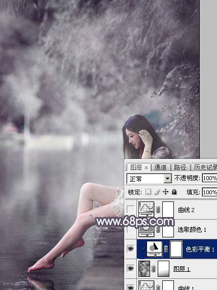 Photoshop打造个性的中性暗蓝色湖景美女图片9