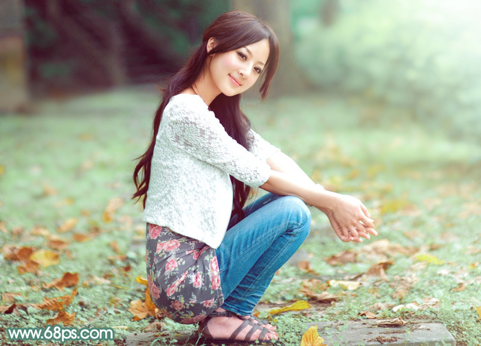 Photoshop给空地上的美女加上甜美的粉绿色2