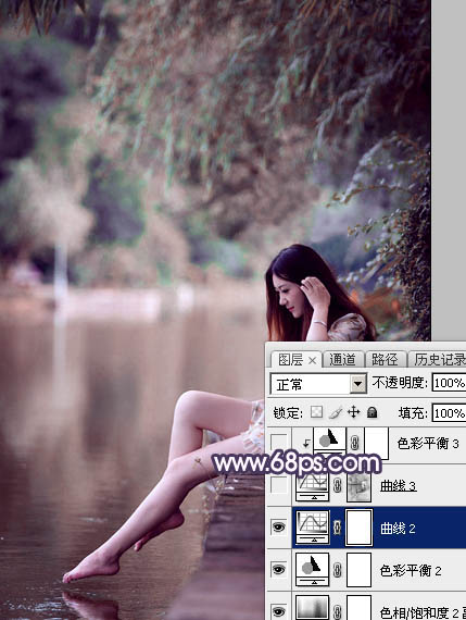Photoshop给池塘边的美女加上唯美的暗调蓝紫色15