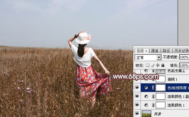 Photoshop给荒草中的美女加上唯美的红褐秋季色9